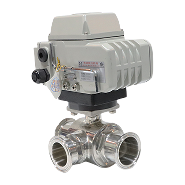 Sanitary Stainless Steel Motorized Electric Actuated Three Way Ball Valve with Clamp Connections