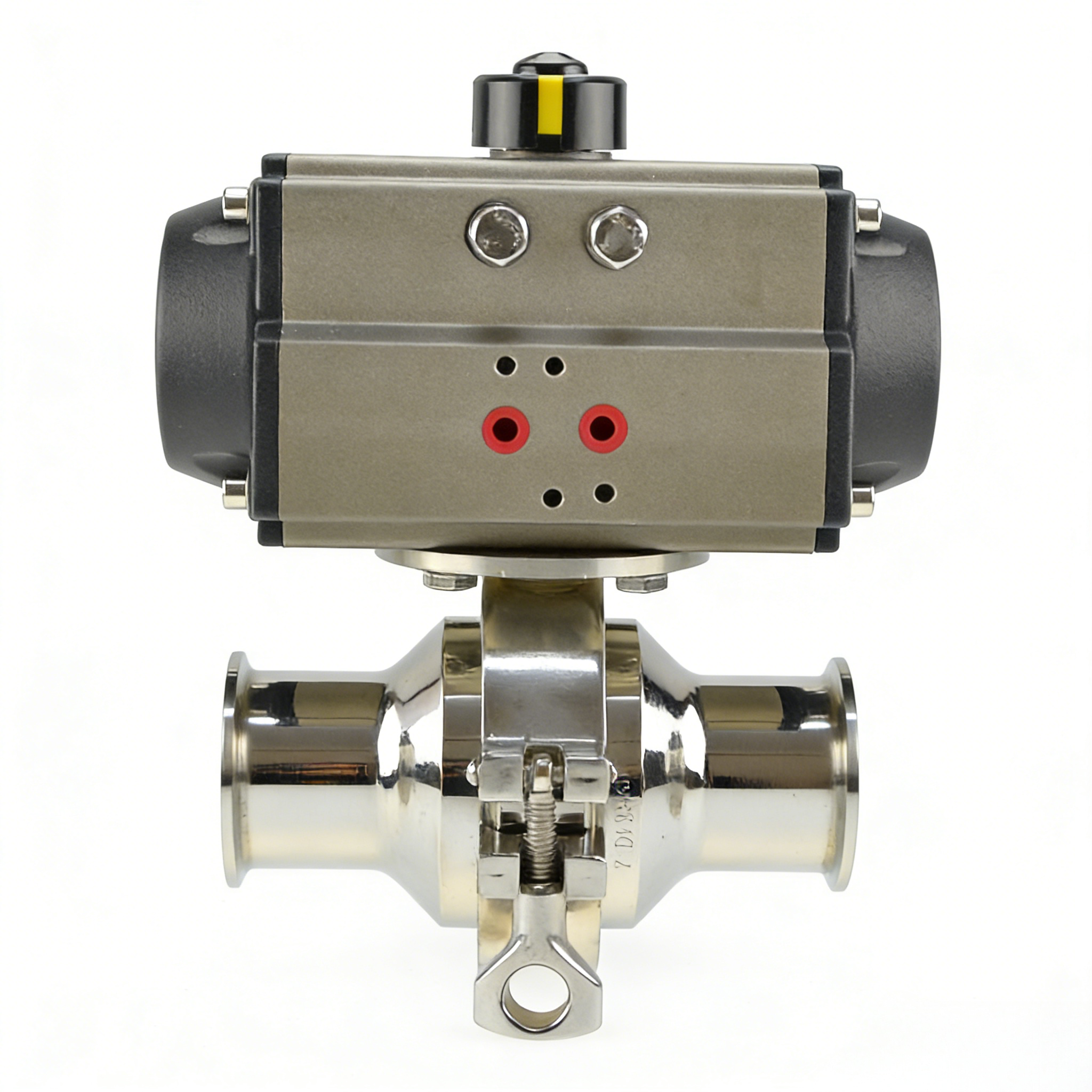 Stainless steel actuator intermediate clamp non-retention ball valve