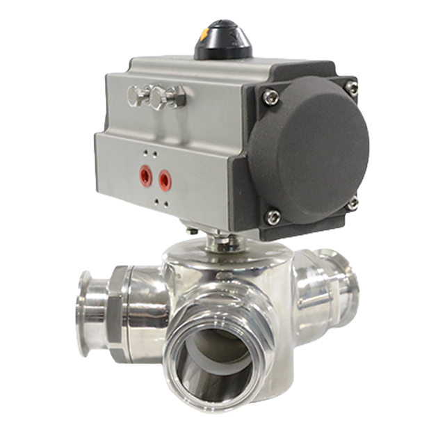 Sanitary Stainless Steel Clamp Pneumatic Actuated Three Way Double Acting Ball Valve