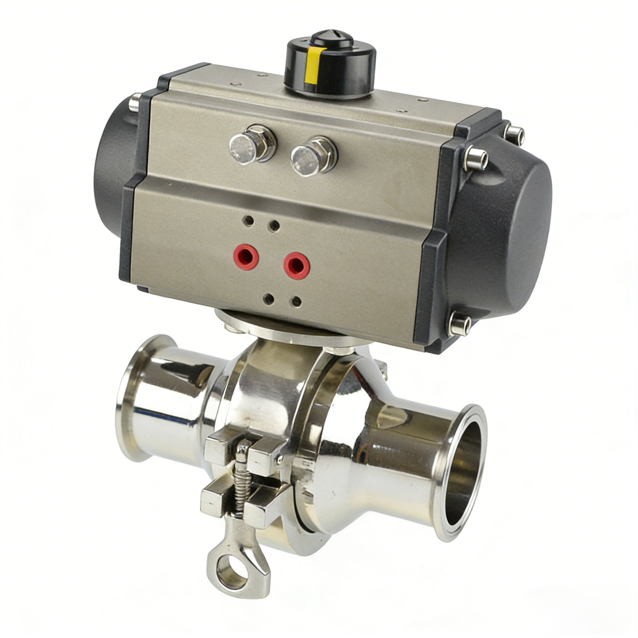 Stainless steel actuator intermediate clamp non-retention ball valve