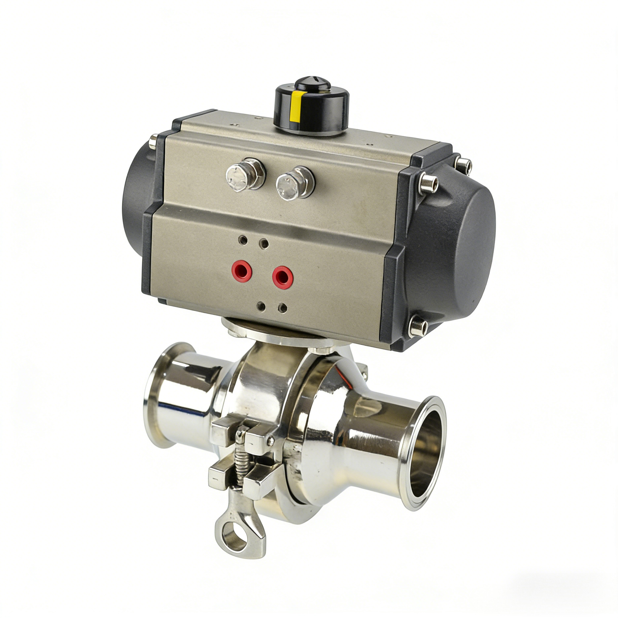 Stainless steel actuator intermediate clamp non-retention ball valve